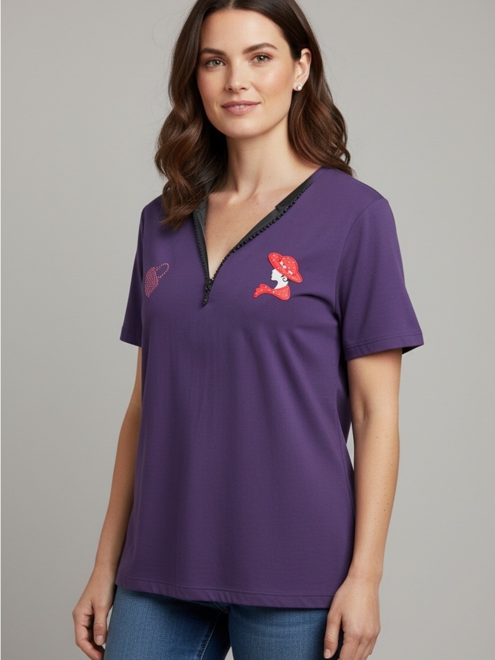 38 V-Neck Short Sleeve Tee in Purple with Red Hat Society Accents